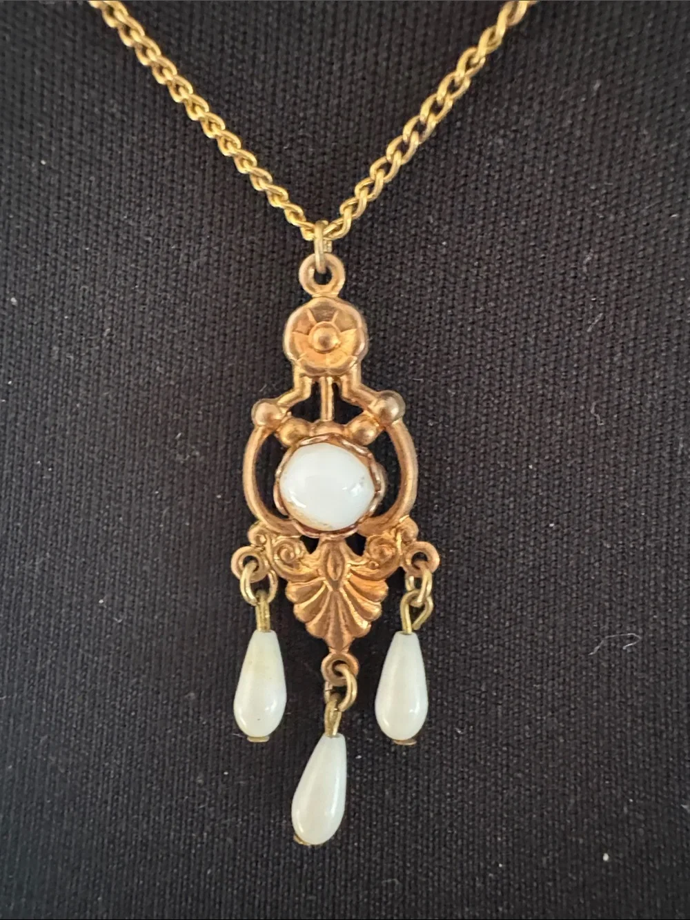 Vintage Gold Pendant Necklace with White Teardrop Drops - Vintage